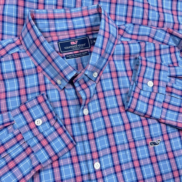 Vineyard Vines Other - Vineyard Vines Shirt Men Medium Blue Pink Plaid Slim Fit Tucker Button Up Preppy